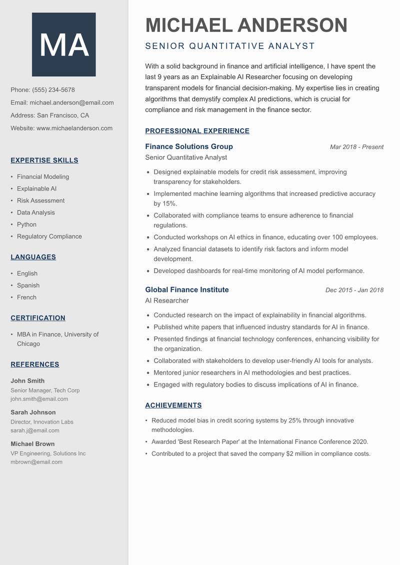 Explainable AI Researcher resume template — Creative Minimal