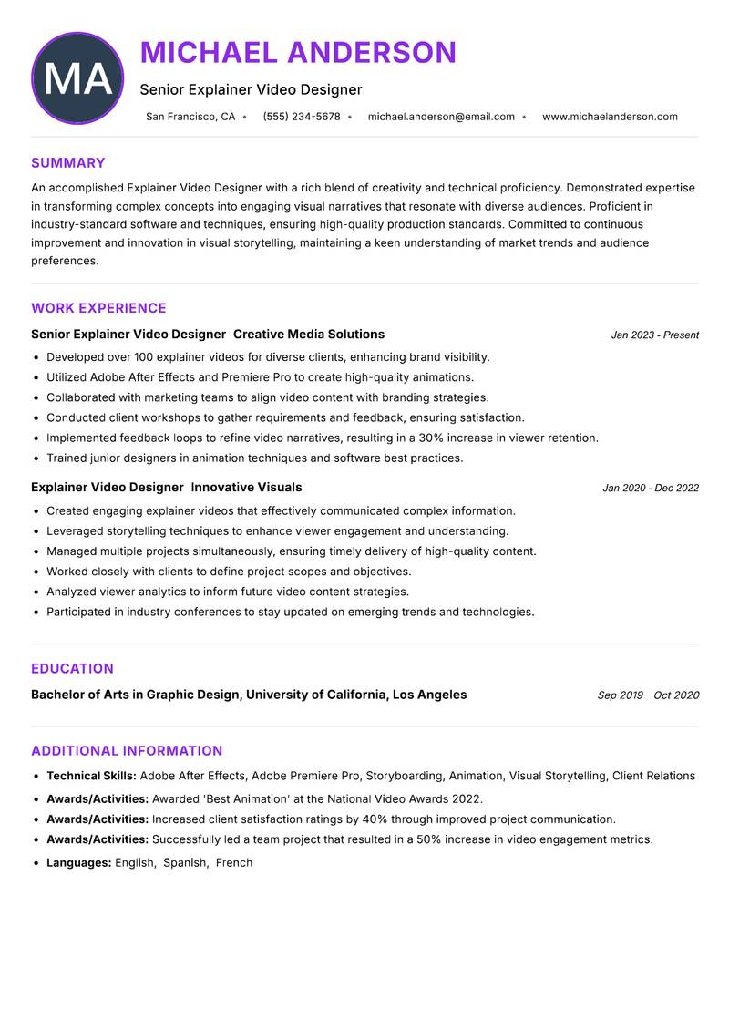 Explainer Video Designer resume example — ATS-friendly template