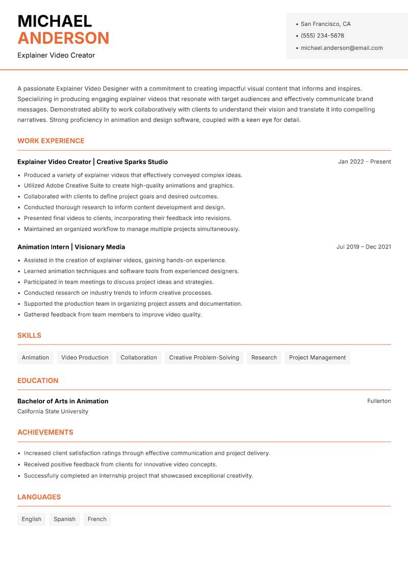Explainer Video Designer resume template — Modern Professional