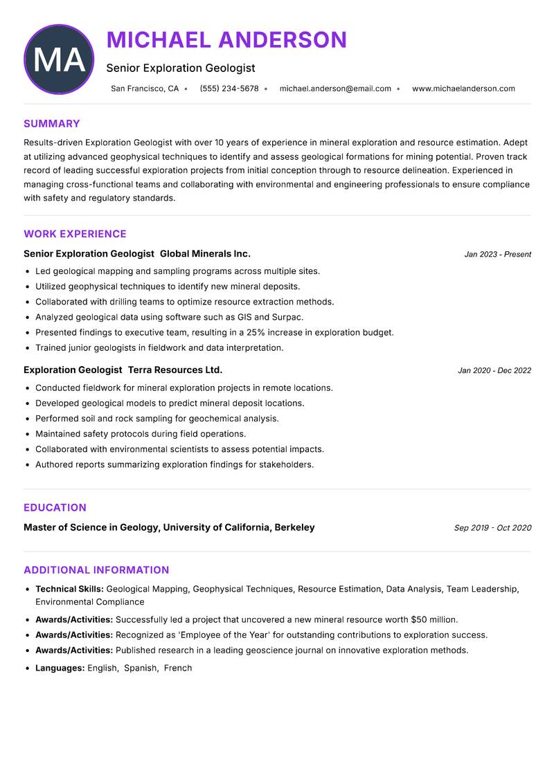 Exploration Geologist resume example — ATS-friendly template