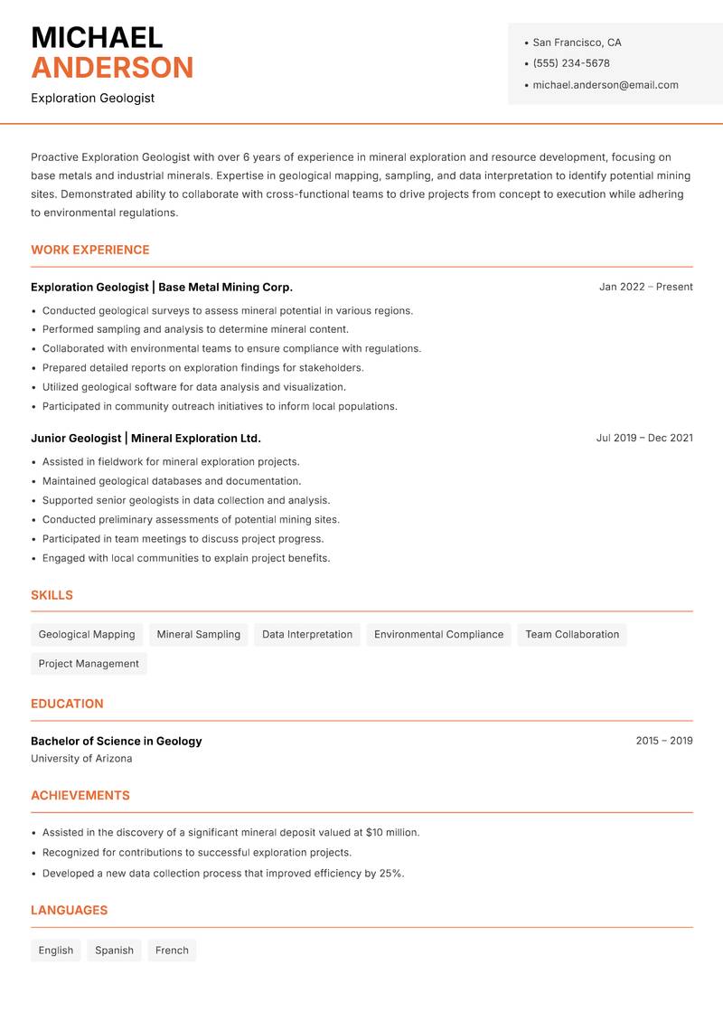 Exploration Geologist resume template — Modern Professional