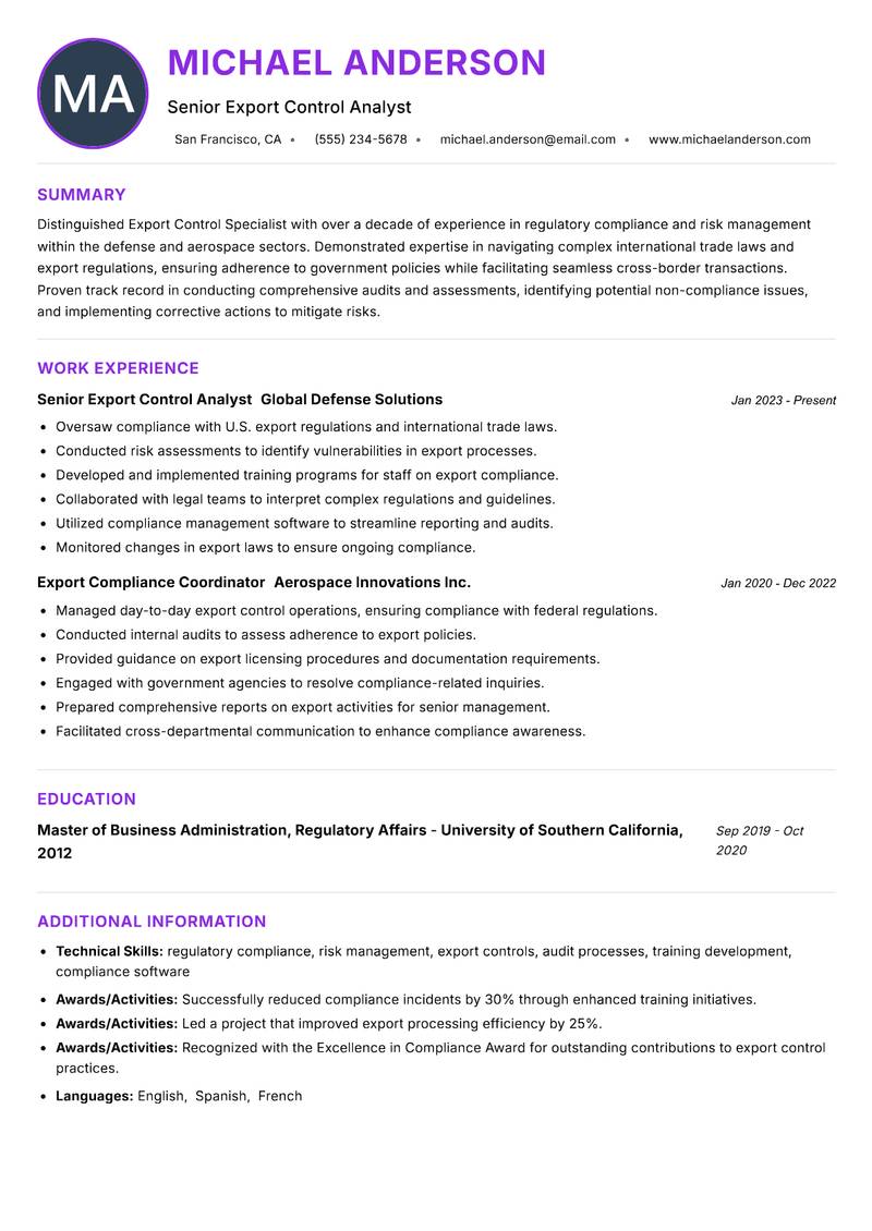 Export Control Specialist resume example — ATS-friendly template