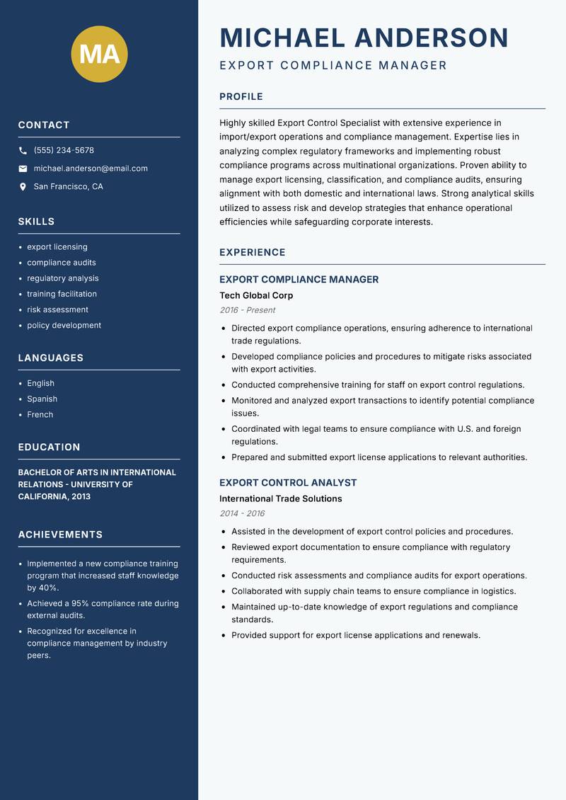 Export Control Specialist resume template — Classic Clean