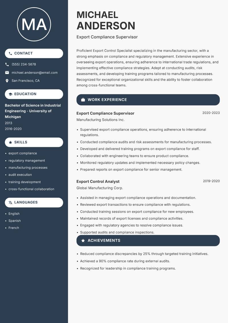 Export Control Specialist resume template — Compact