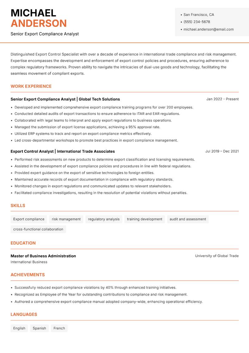 Export Control Specialist resume template — Modern Professional