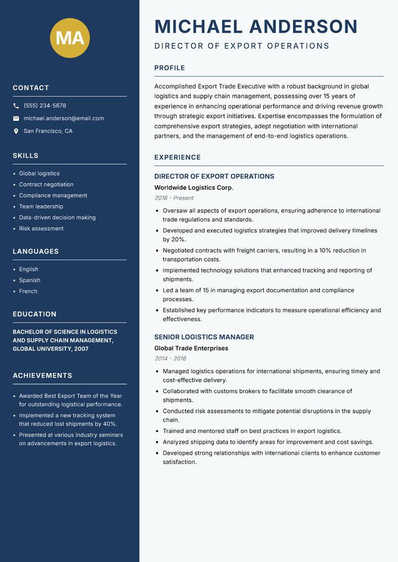 Export Trade Executive resume template — Classic Clean