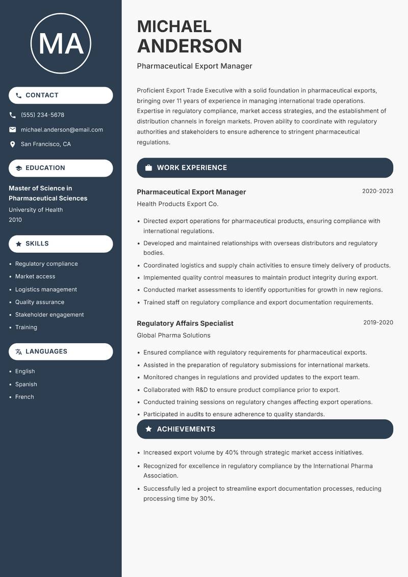 Export Trade Executive resume template — Compact
