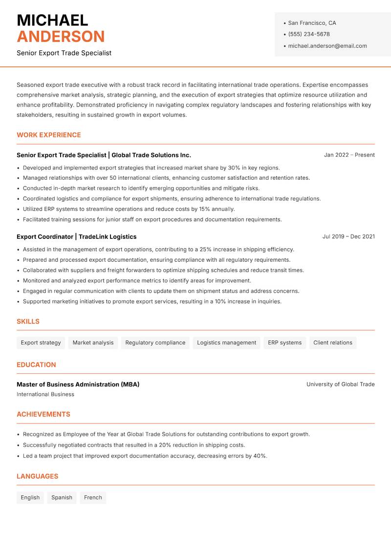 Export Trade Executive resume template — Modern Professional