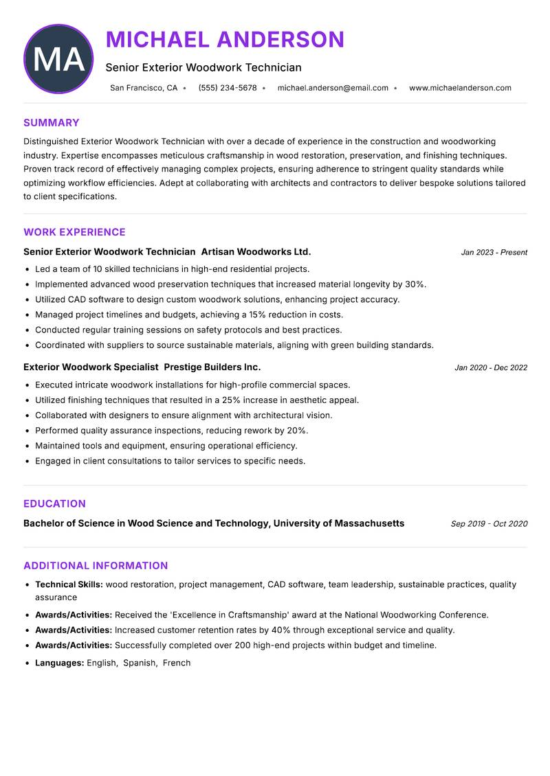 Exterior Woodwork Technician resume example — ATS-friendly template