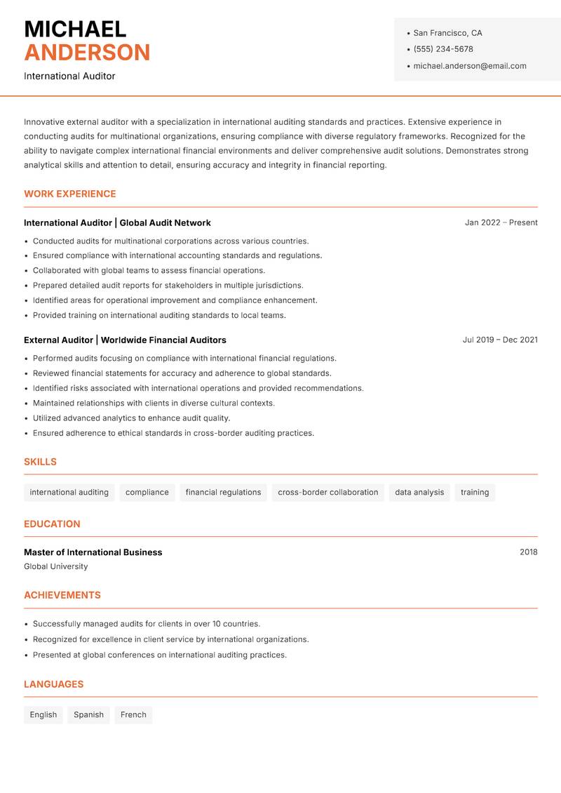 External Auditor resume template — Modern Professional