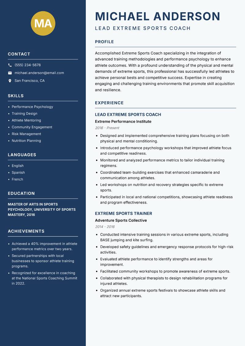 Extreme Sports Coach resume template — Classic Clean