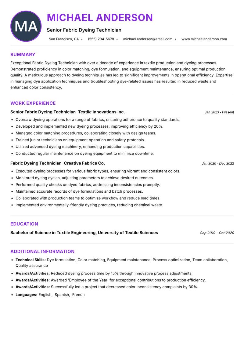 Fabric Dyeing Technician resume example — ATS-friendly template