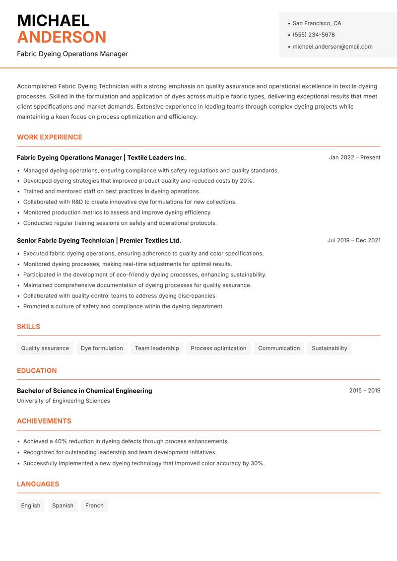 Fabric Dyeing Technician resume template — Modern Professional