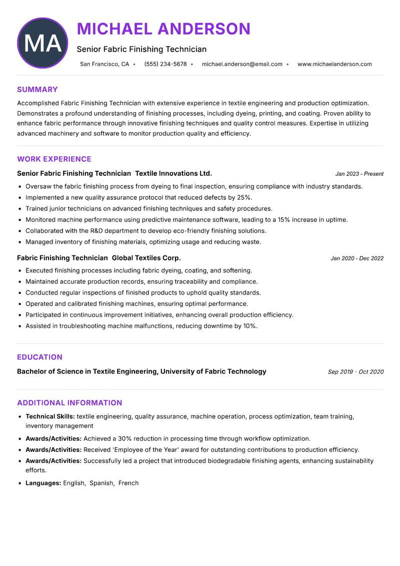 Fabric Finishing Technician resume example — ATS-friendly template