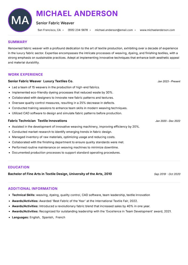 Fabric Weaver resume example — ATS-friendly template