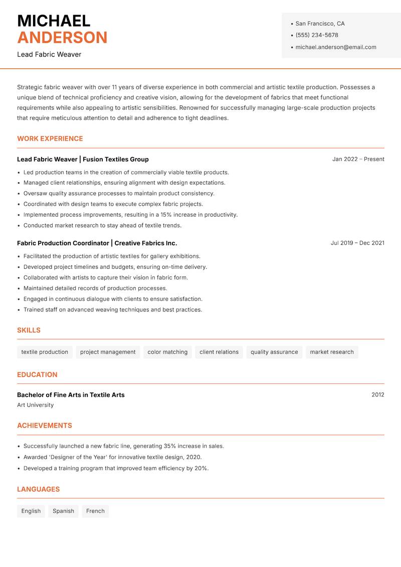 Fabric Weaver resume template — Modern Professional