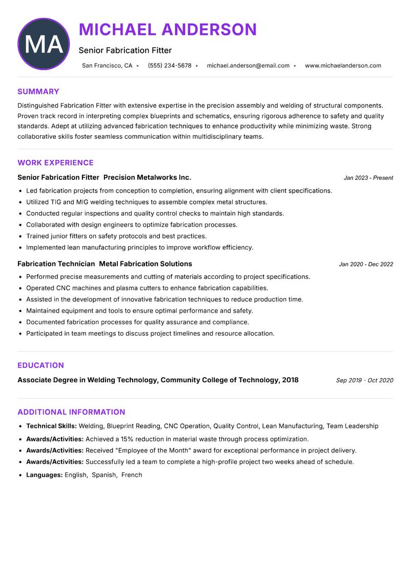 Fabrication Fitter resume example — ATS-friendly template