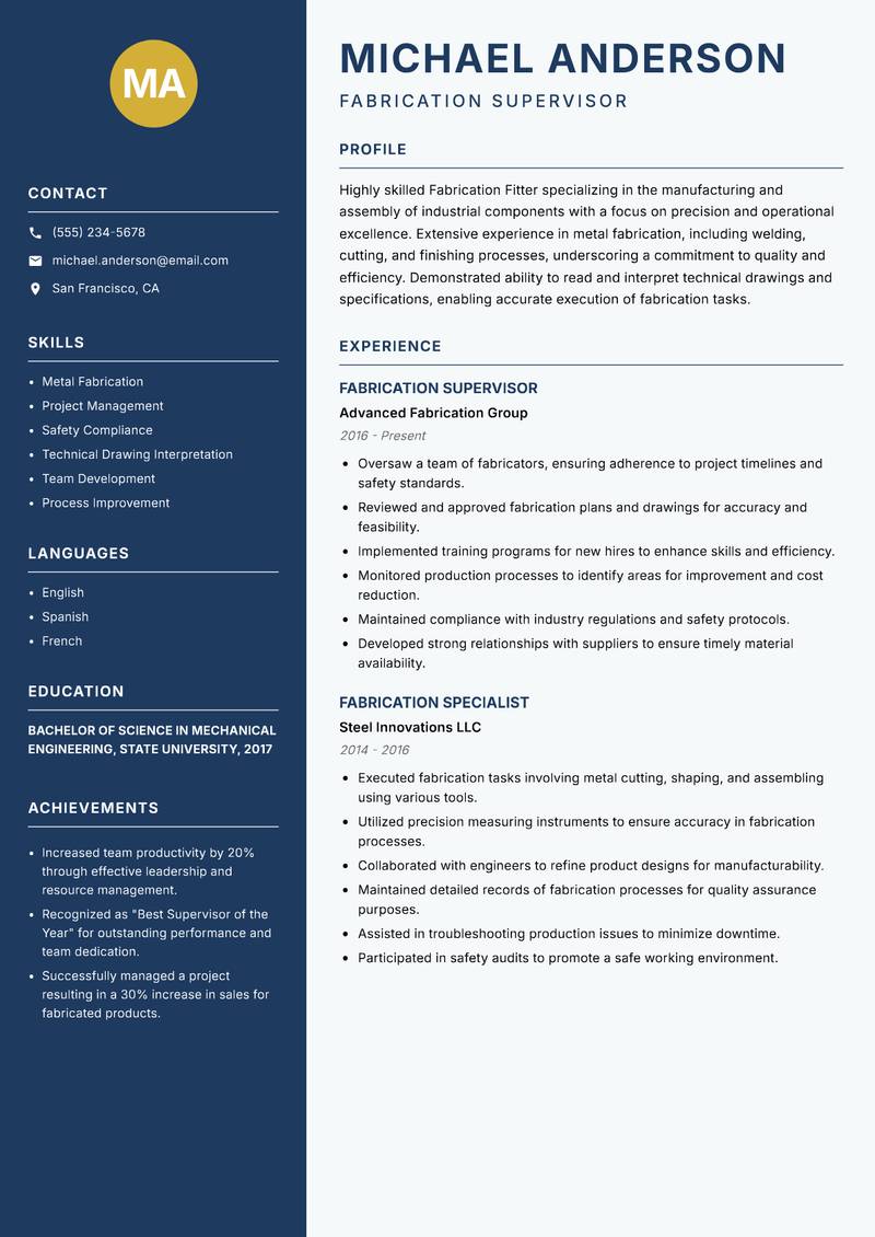 Fabrication Fitter resume template — Classic Clean