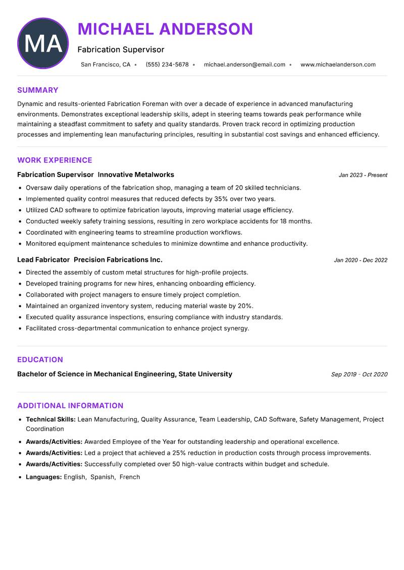 Fabrication Foreman resume example — ATS-friendly template