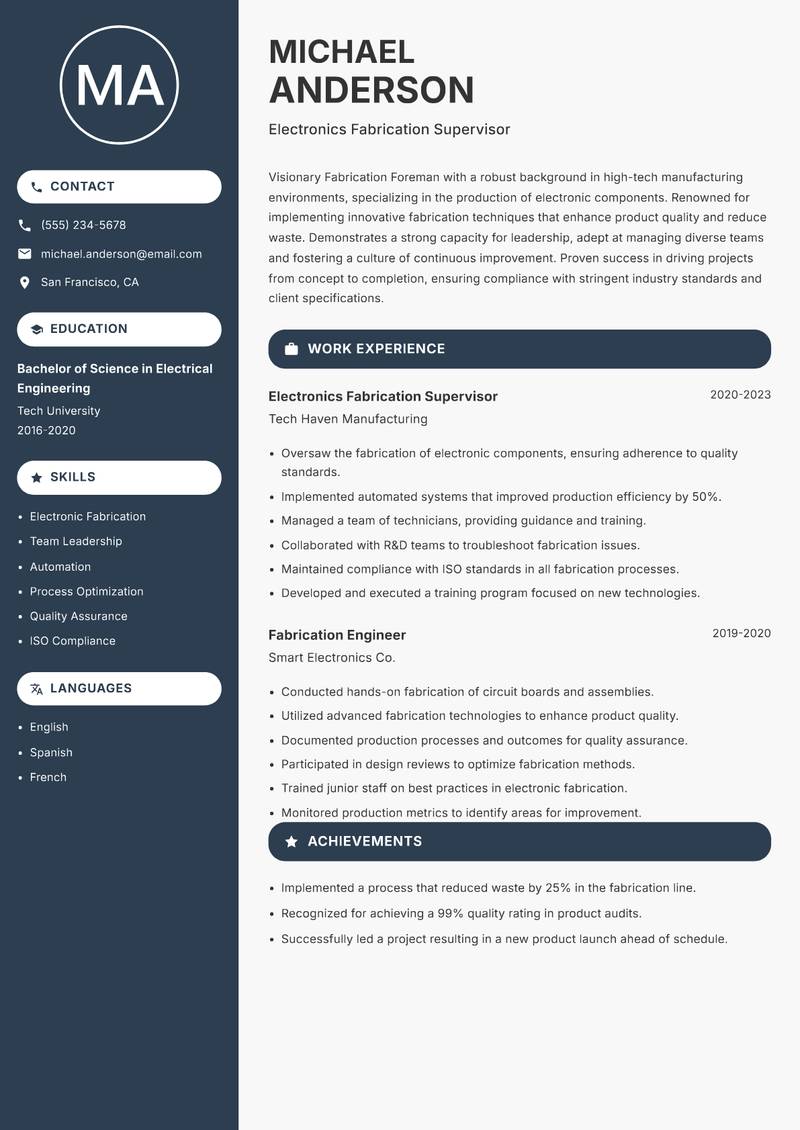 Fabrication Foreman resume template — Compact