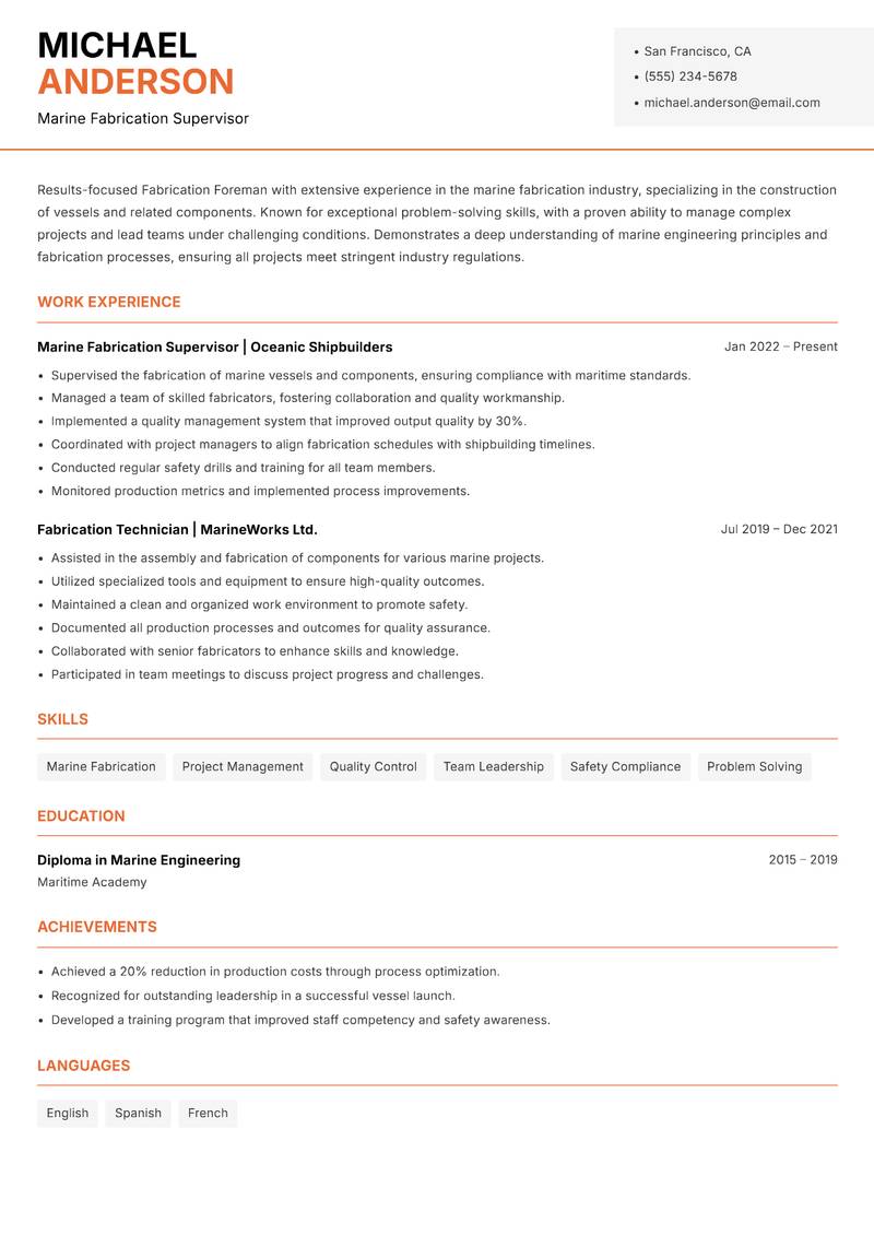Fabrication Foreman resume template — Modern Professional
