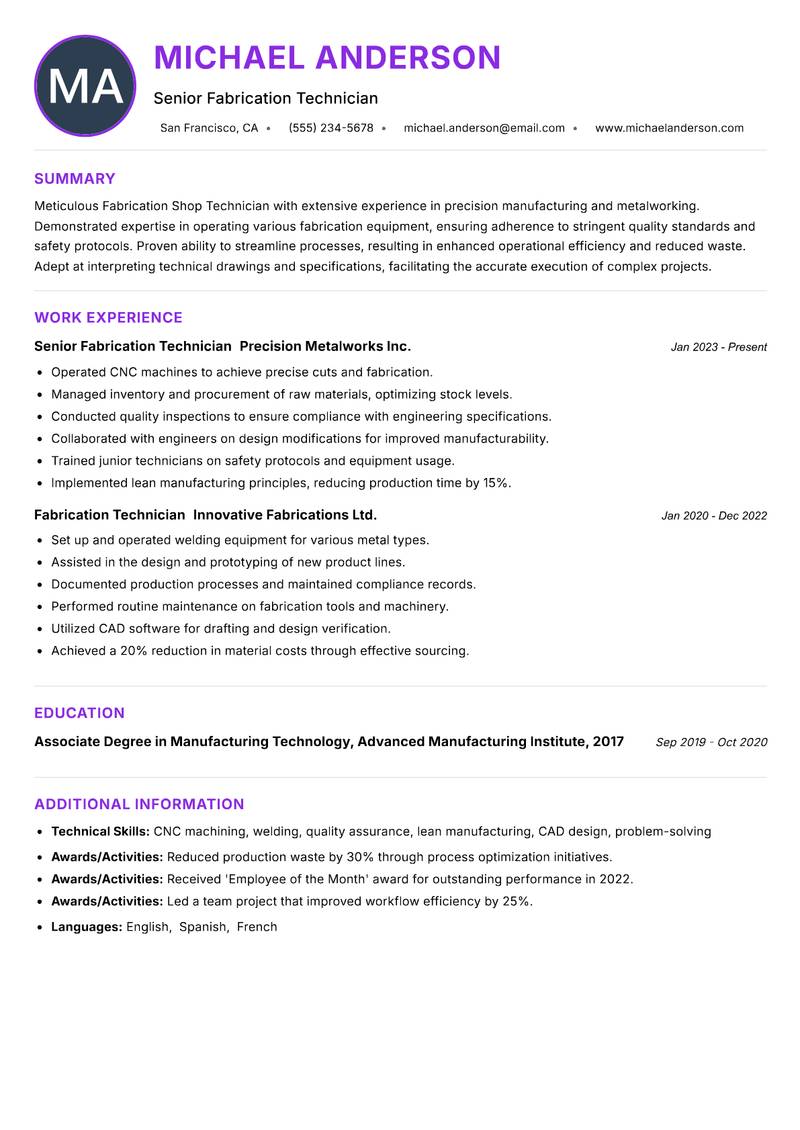 Fabrication Shop Technician resume example — ATS-friendly template