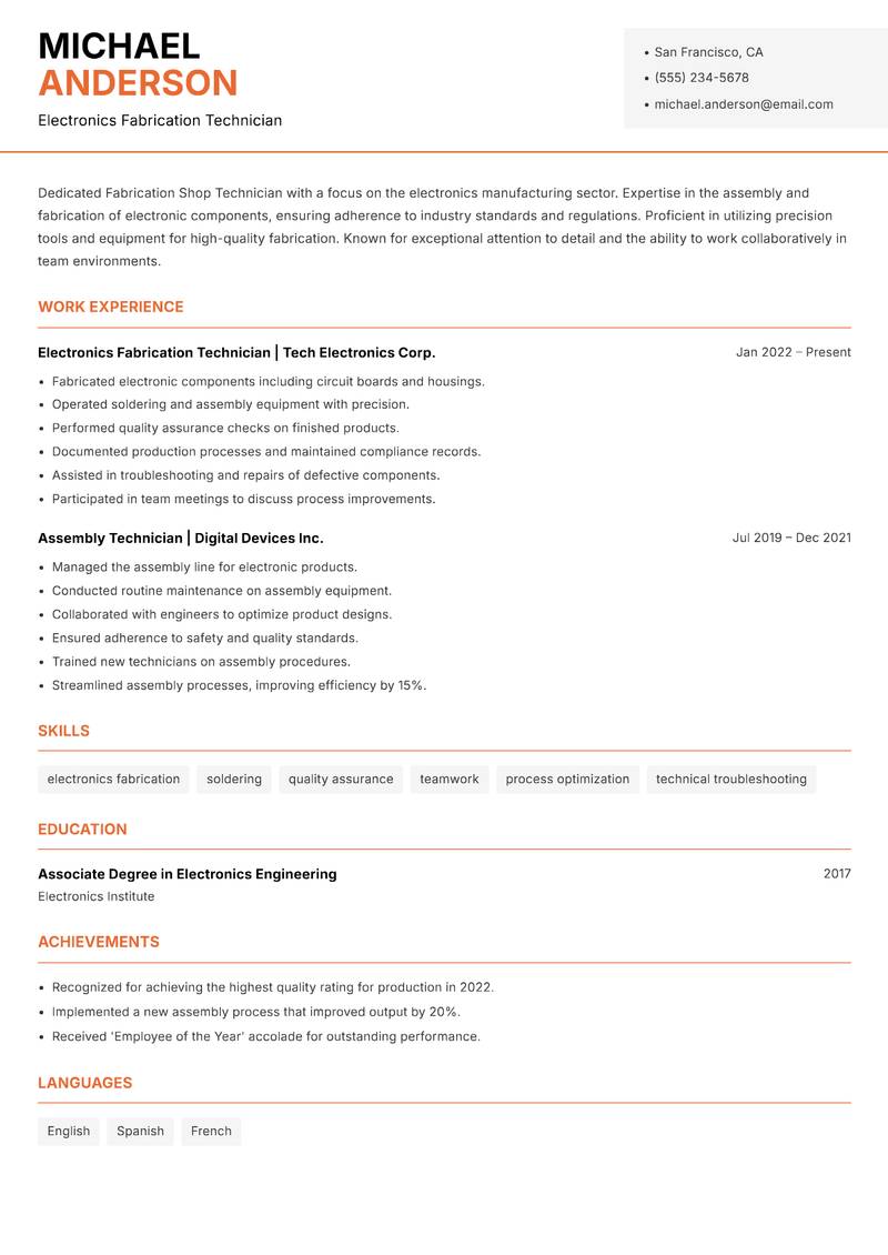 Fabrication Shop Technician resume template — Modern Professional