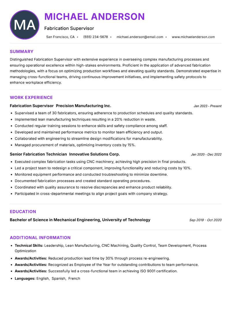 Fabrication Supervisor resume example — ATS-friendly template