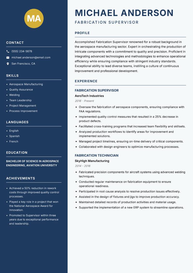 Fabrication Supervisor resume template — Classic Clean