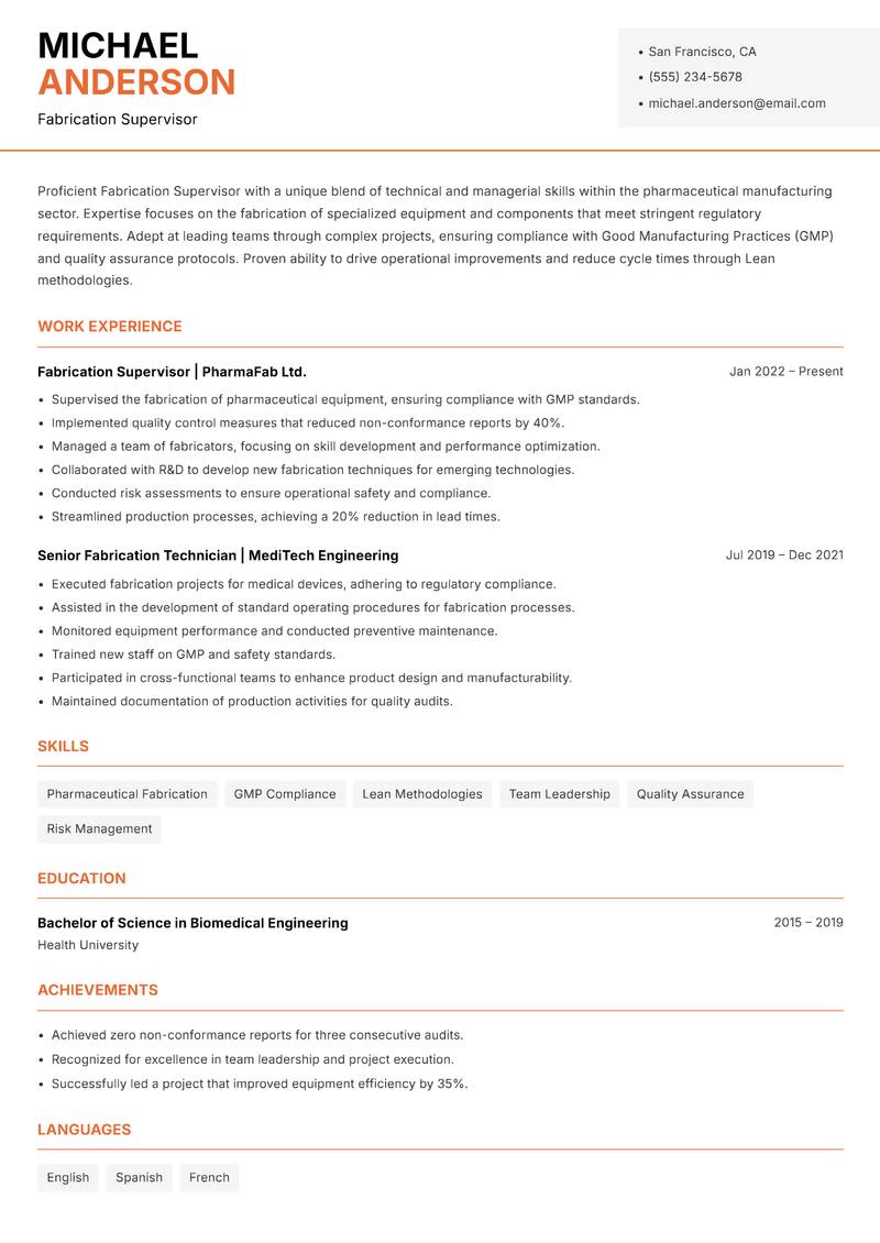 Fabrication Supervisor resume template — Modern Professional