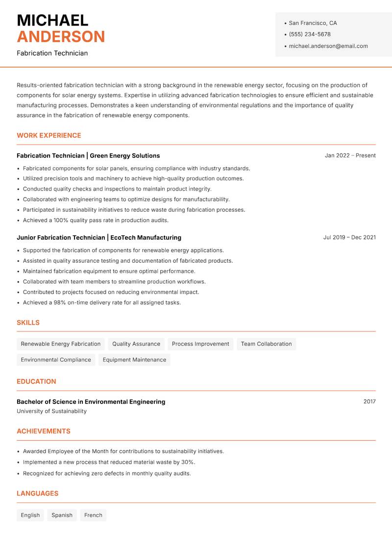 Fabrication Technician resume template — Modern Professional