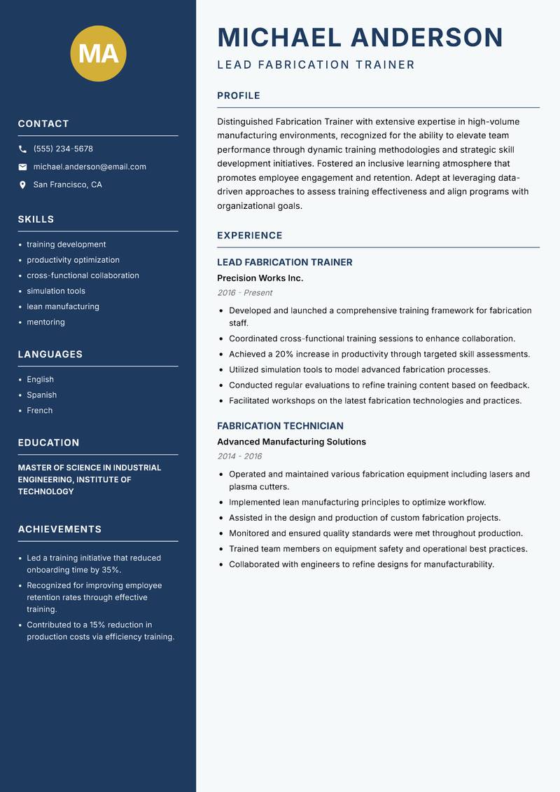 Fabrication Trainer resume template — Classic Clean