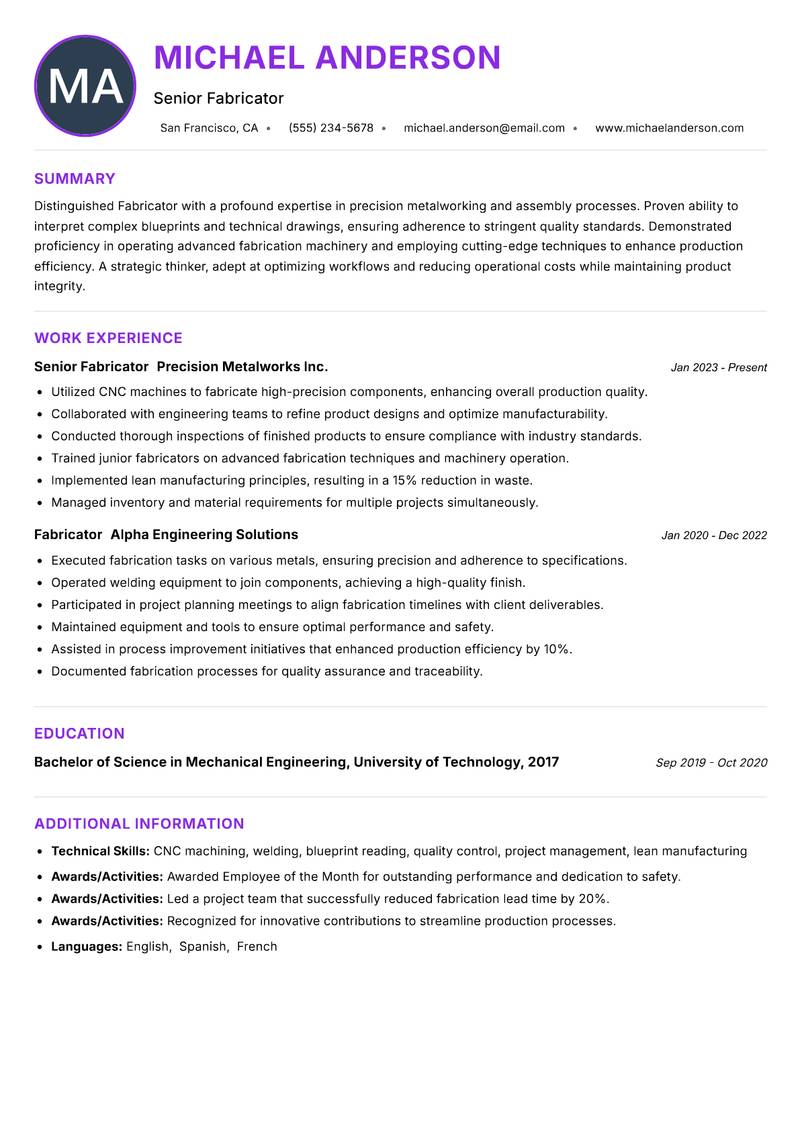 Fabricator resume example — ATS-friendly template
