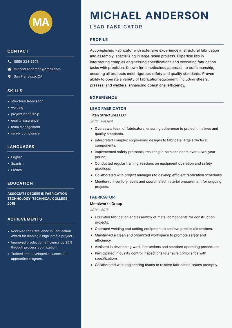 Fabricator resume template — Classic Clean