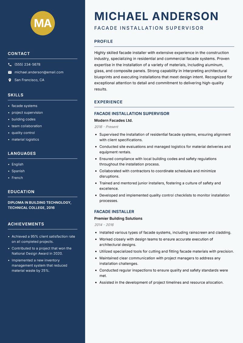 Facade Installer resume template — Classic Clean