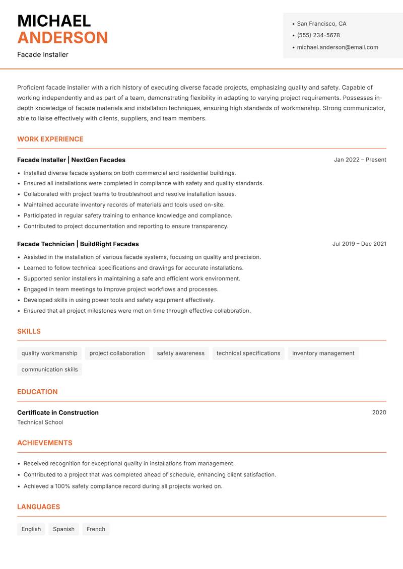 Facade Installer resume template — Modern Professional