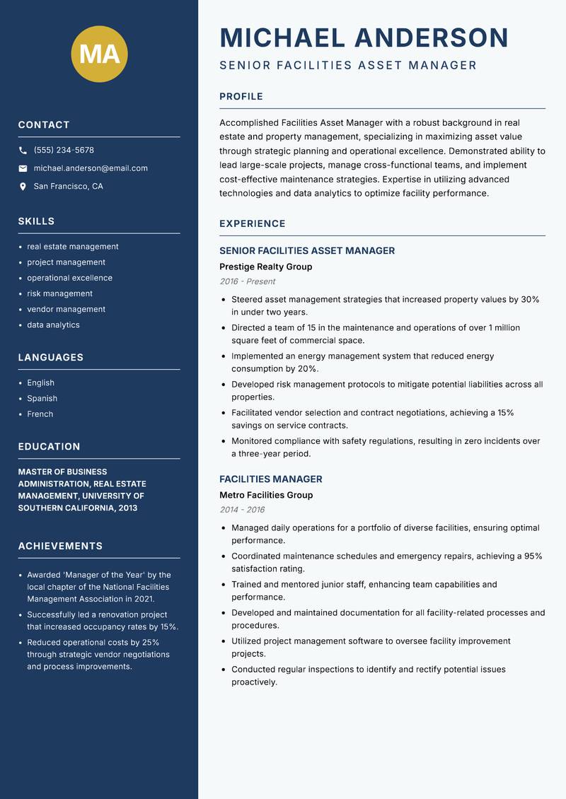 Facilities Asset Manager resume template — Classic Clean