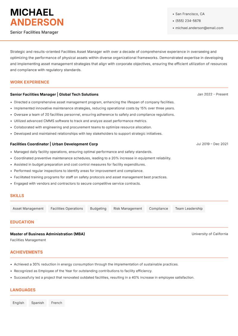 Facilities Asset Manager resume template — Modern Professional