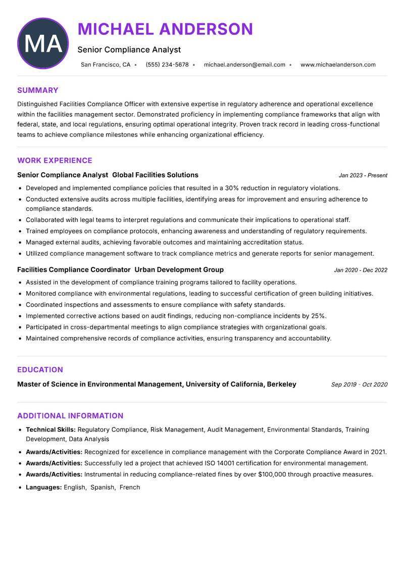 Facilities Compliance Officer resume example — ATS-friendly template