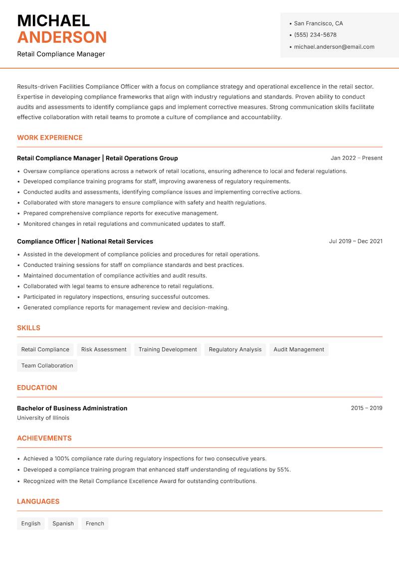 Facilities Compliance Officer resume template — Modern Professional