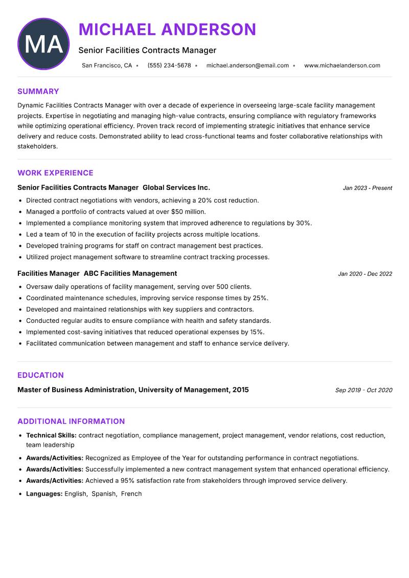 Facilities Contracts Manager resume example — ATS-friendly template
