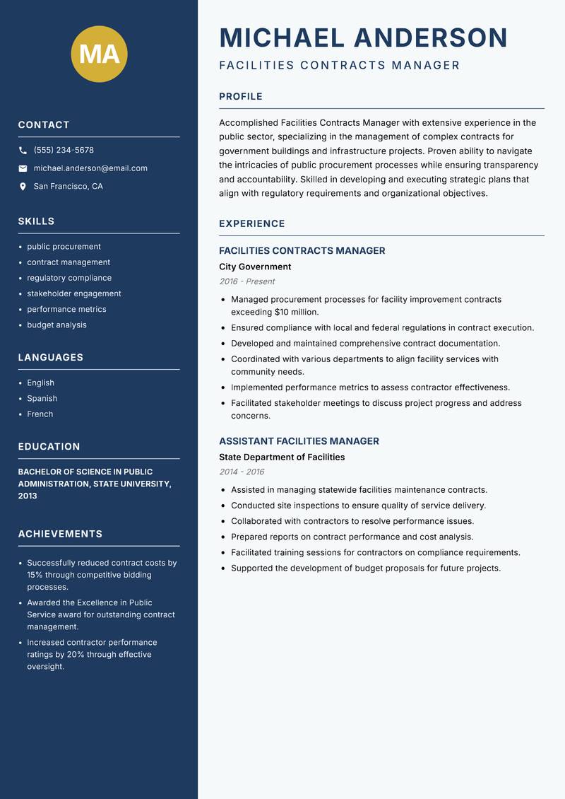 Facilities Contracts Manager resume template — Classic Clean