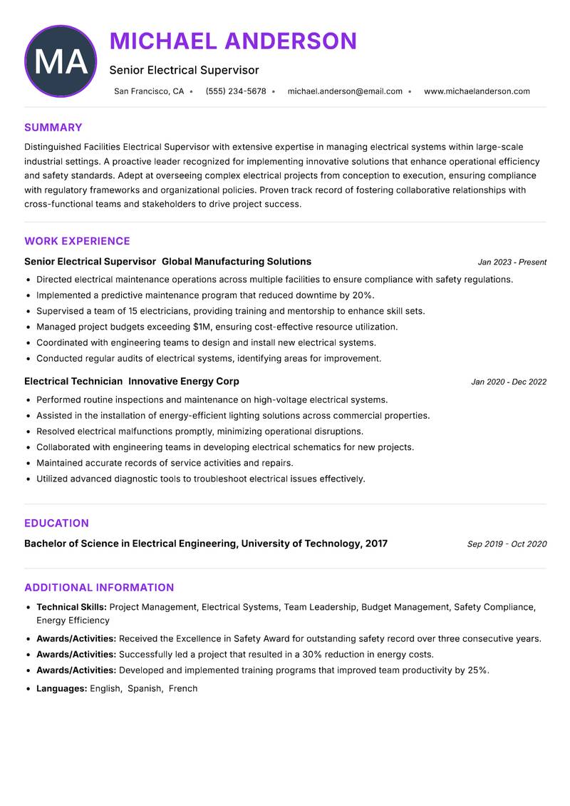Facilities Electrical Supervisor resume example — ATS-friendly template
