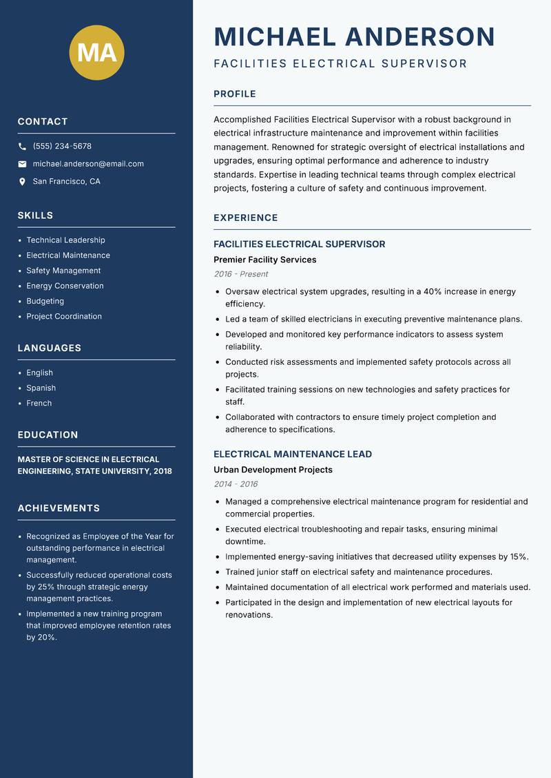 Facilities Electrical Supervisor resume template — Classic Clean