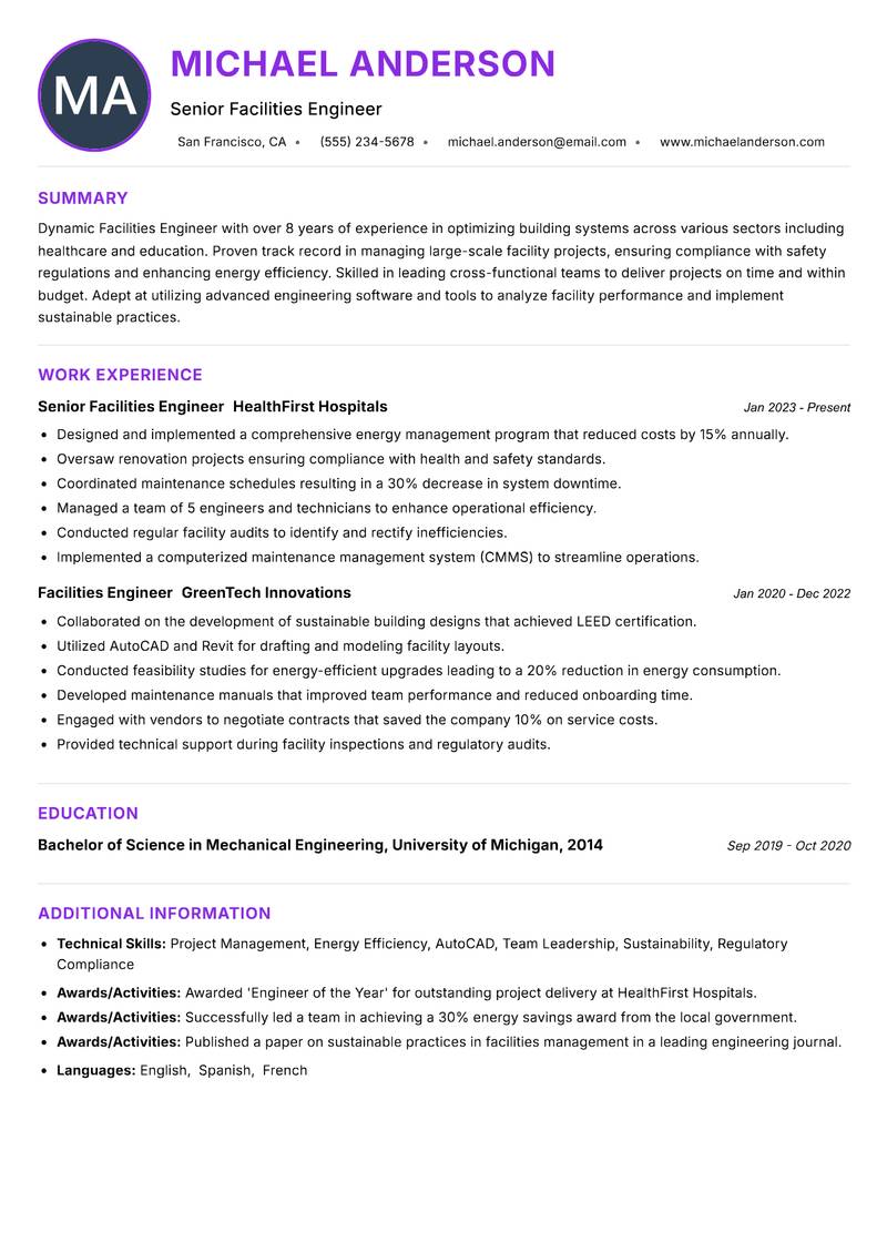 Facilities Engineer resume example — ATS-friendly template