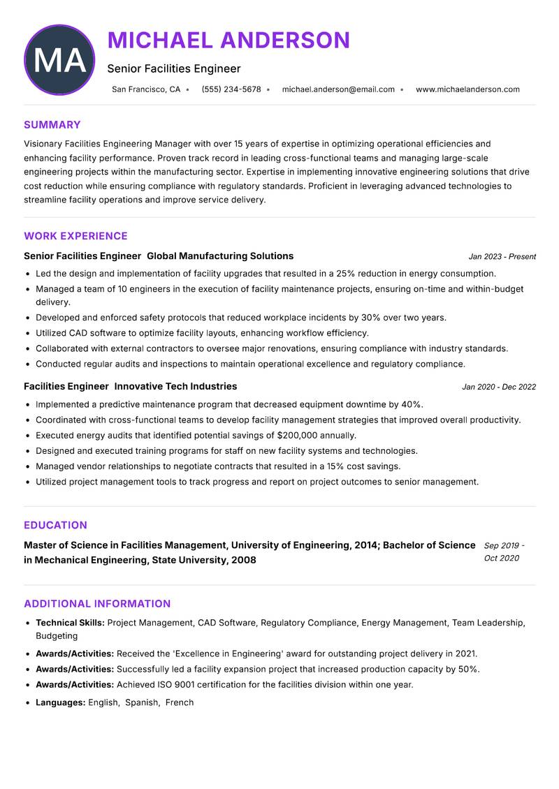Facilities Engineering Manager resume example — ATS-friendly template
