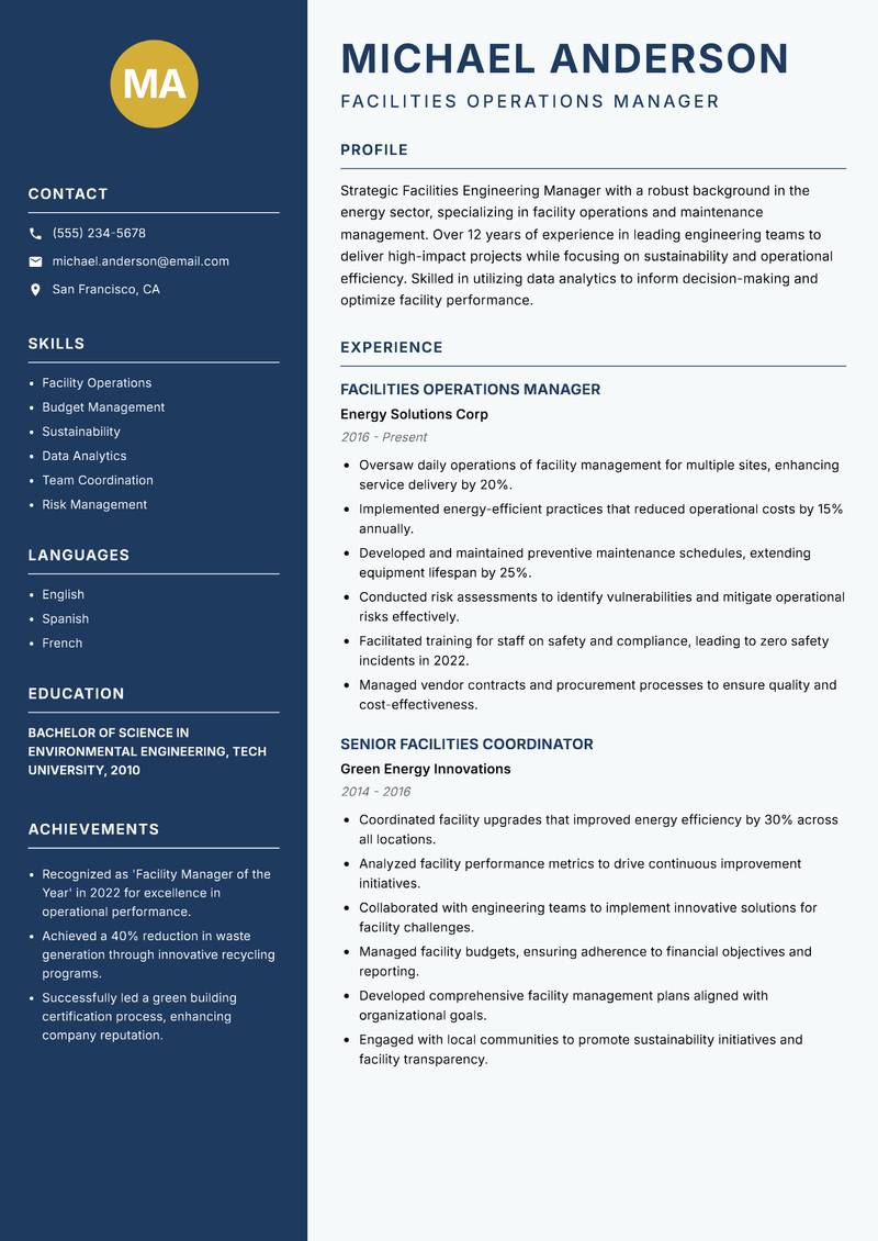 Facilities Engineering Manager resume template — Classic Clean