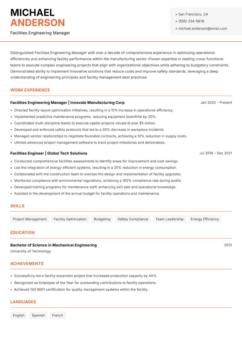 Facilities Engineering Manager resume template — Modern Professional
