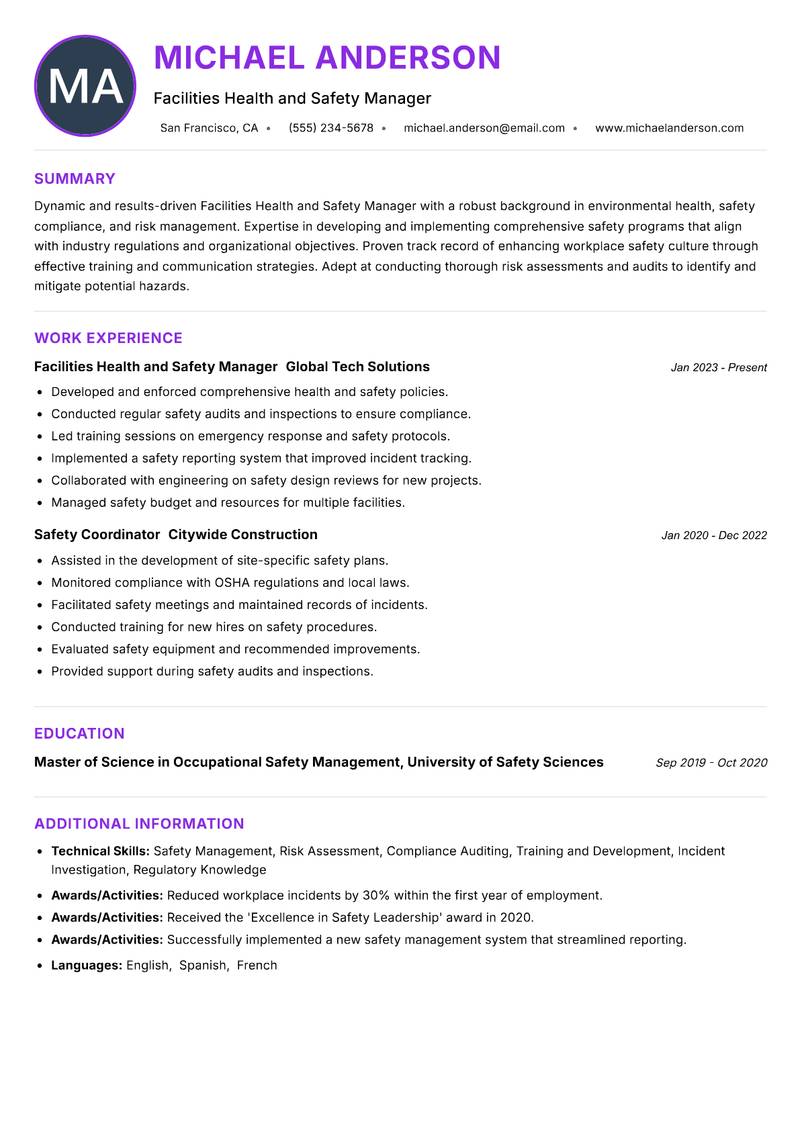 Facilities Health and Safety Manager resume example — ATS-friendly template