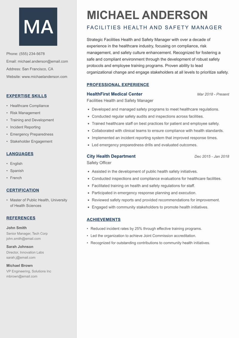 Facilities Health and Safety Manager resume template — Creative Minimal